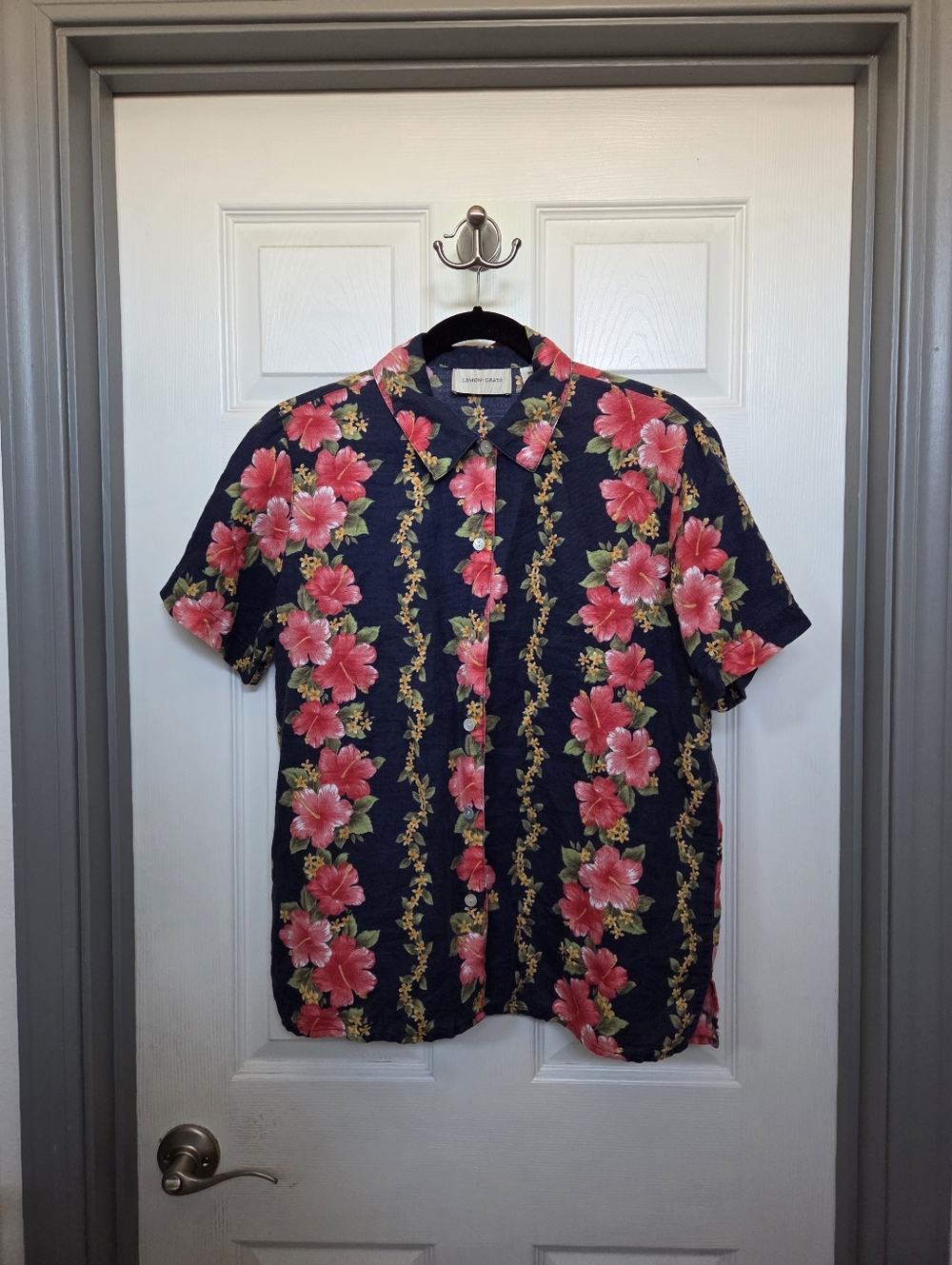 Lemon Grass Navy tropical Pink Hibiscus Linen Cotton button up shirt Medium